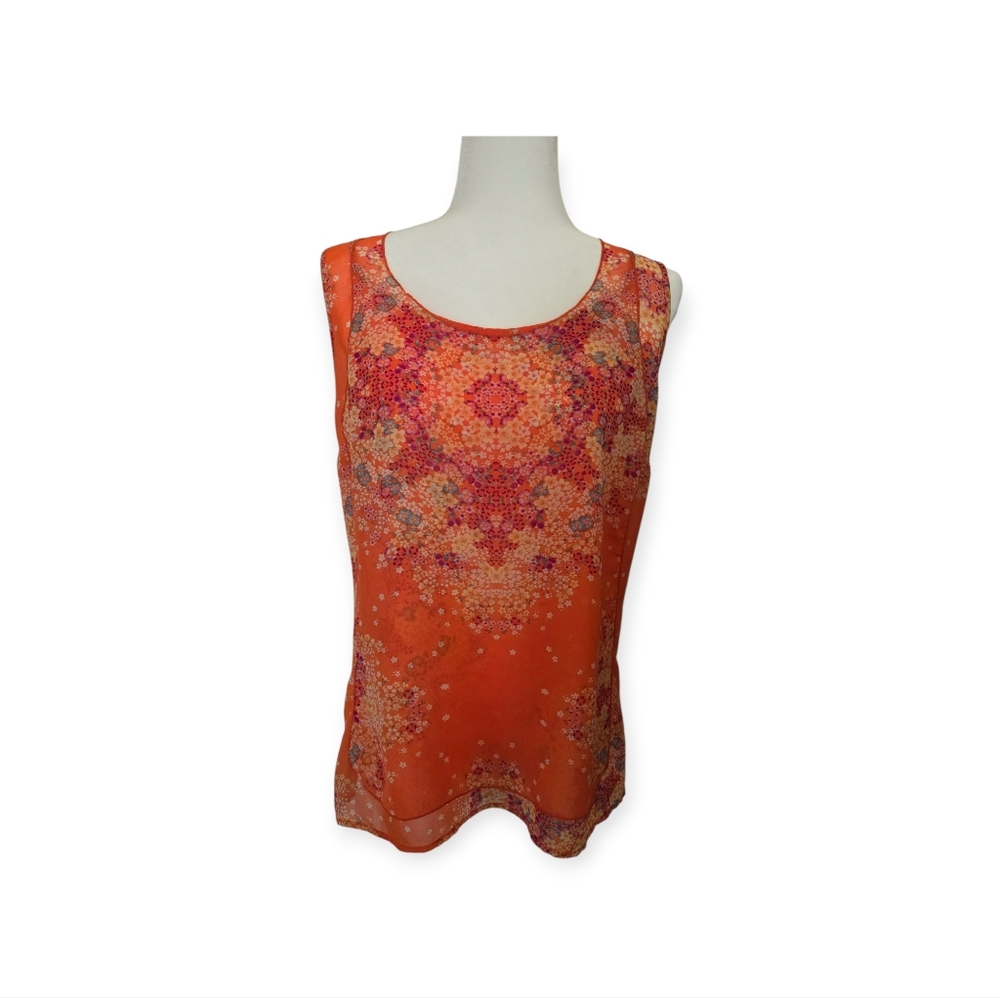 CAbi Vibrant Orange and Pink Patterned Tank Top